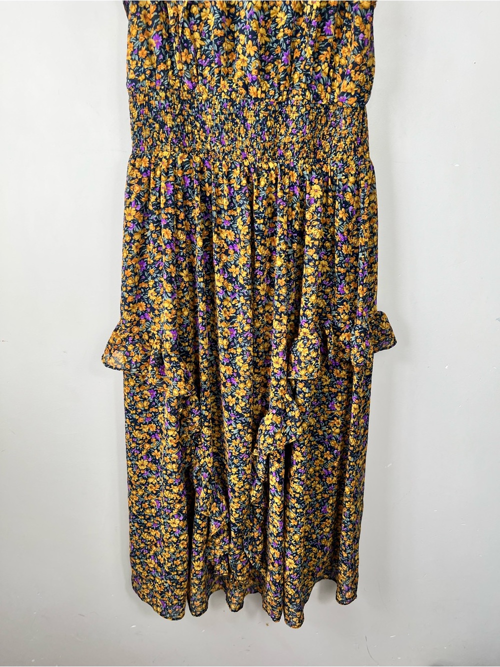 Lulus Evalina Mustard Yellow Floral Print Mock Neck Midi Dress Size Large NWOT - Picture 9 of 15